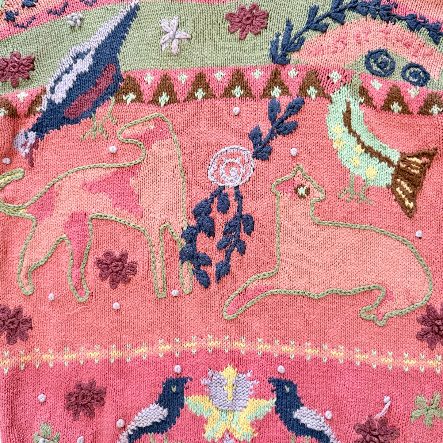 Rare Vintage Hand-Knit Animal Intarsia Sweater M | Pink Embroidered Folk Art Pullover