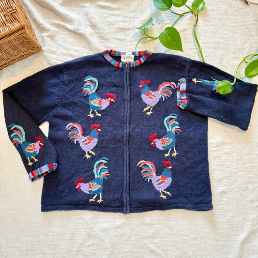 Vintage Christopher & Banks Rooster Sweater – Navy Hand Embroidered Cottagecore Country Knit | Size XL