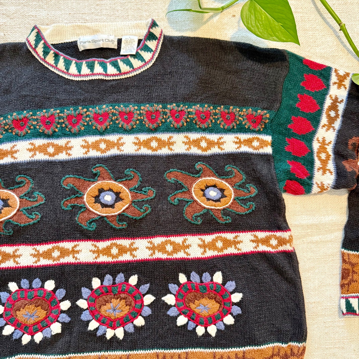 Vintage Paris Sport Club 90s Floral Cable Knit Sweater – Streetwear Abstract pullover