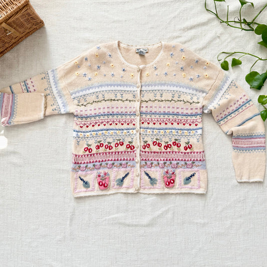 Vintage Hand Knit Wool Cardigan Sweater | Pastel Floral Cherry