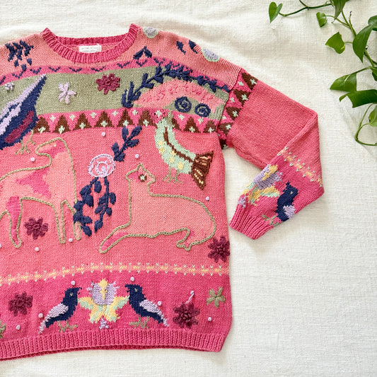 Rare Vintage Hand-Knit Animal Intarsia Sweater M | Pink Embroidered Folk Art Pullover
