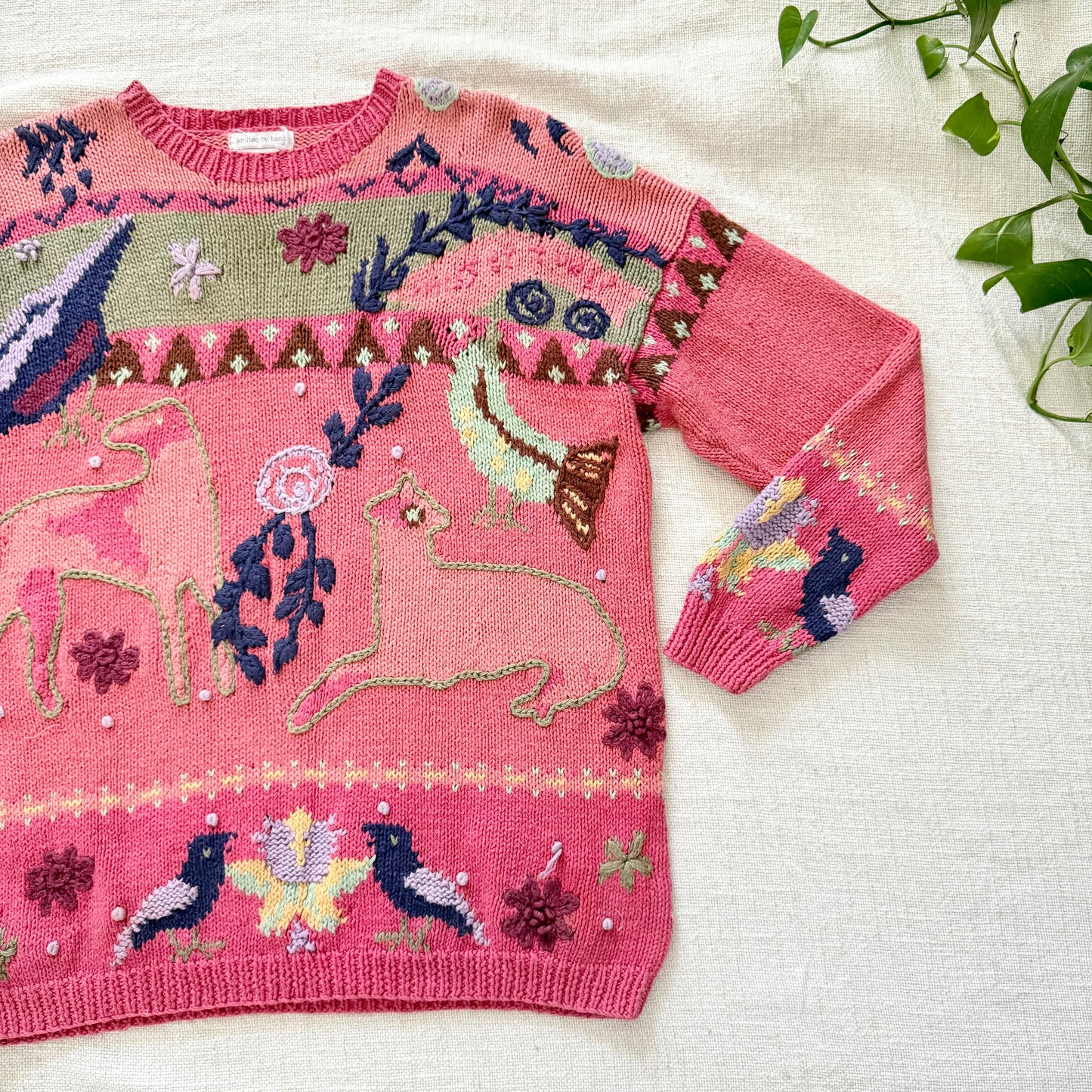 Rare Vintage Hand-Knit Animal Intarsia Sweater M | Pink Embroidered Folk Art Pullover
