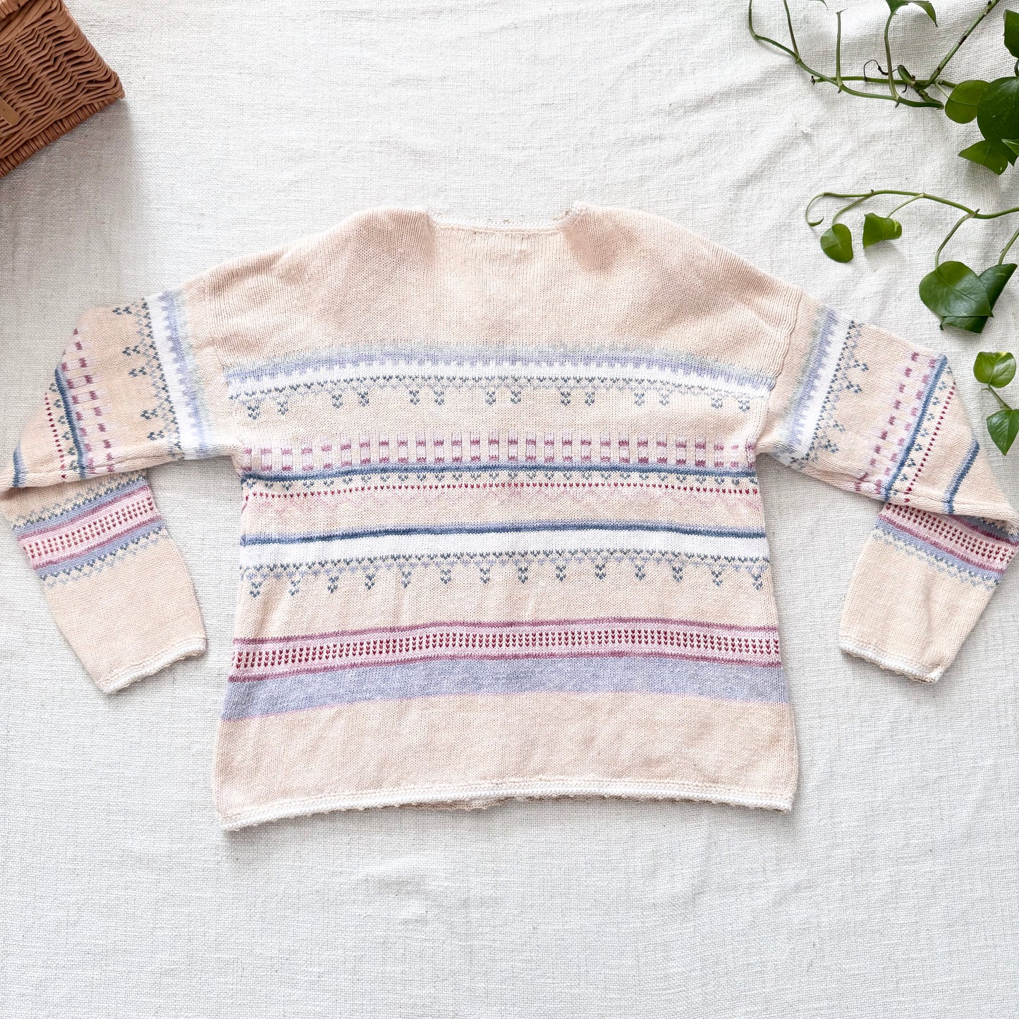 Vintage Hand Knit Wool Cardigan Sweater | Pastel Floral Cherry