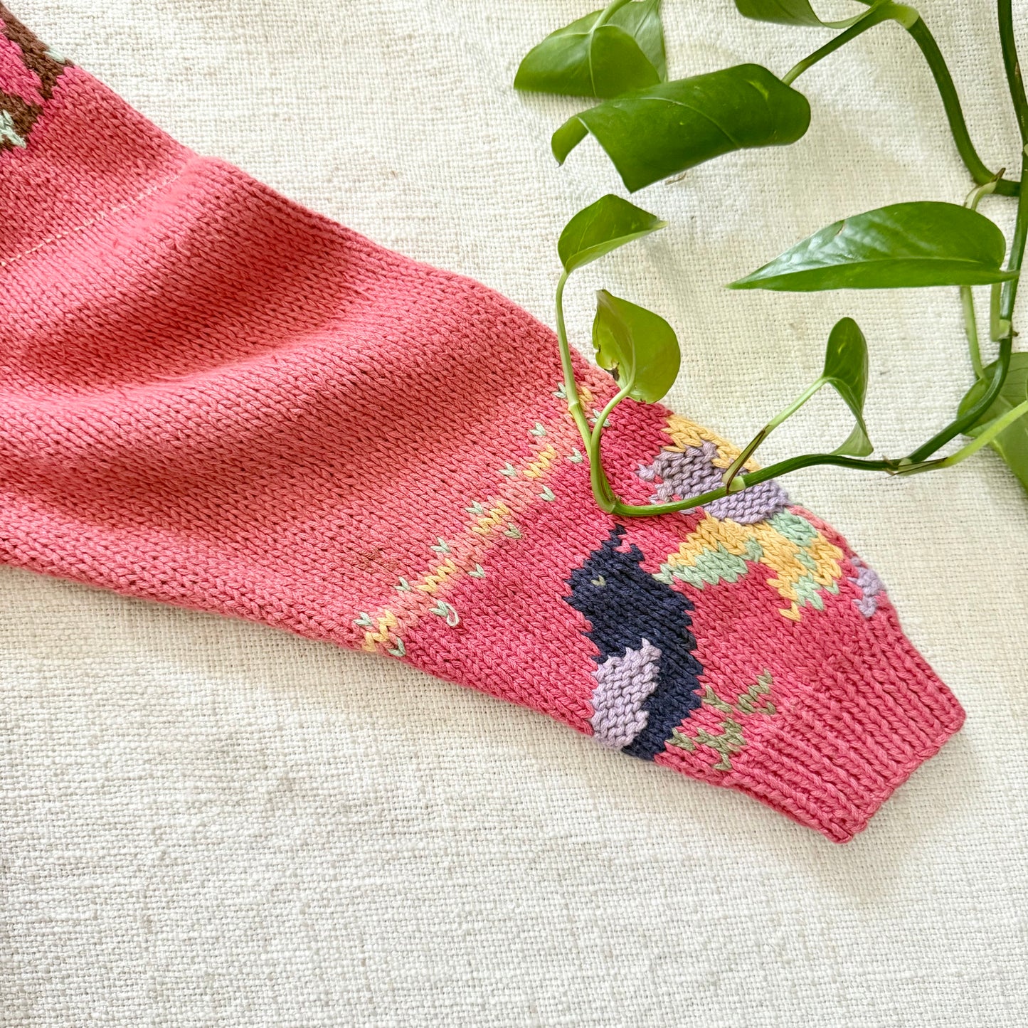 Rare Vintage Hand-Knit Animal Intarsia Sweater M | Pink Embroidered Folk Art Pullover