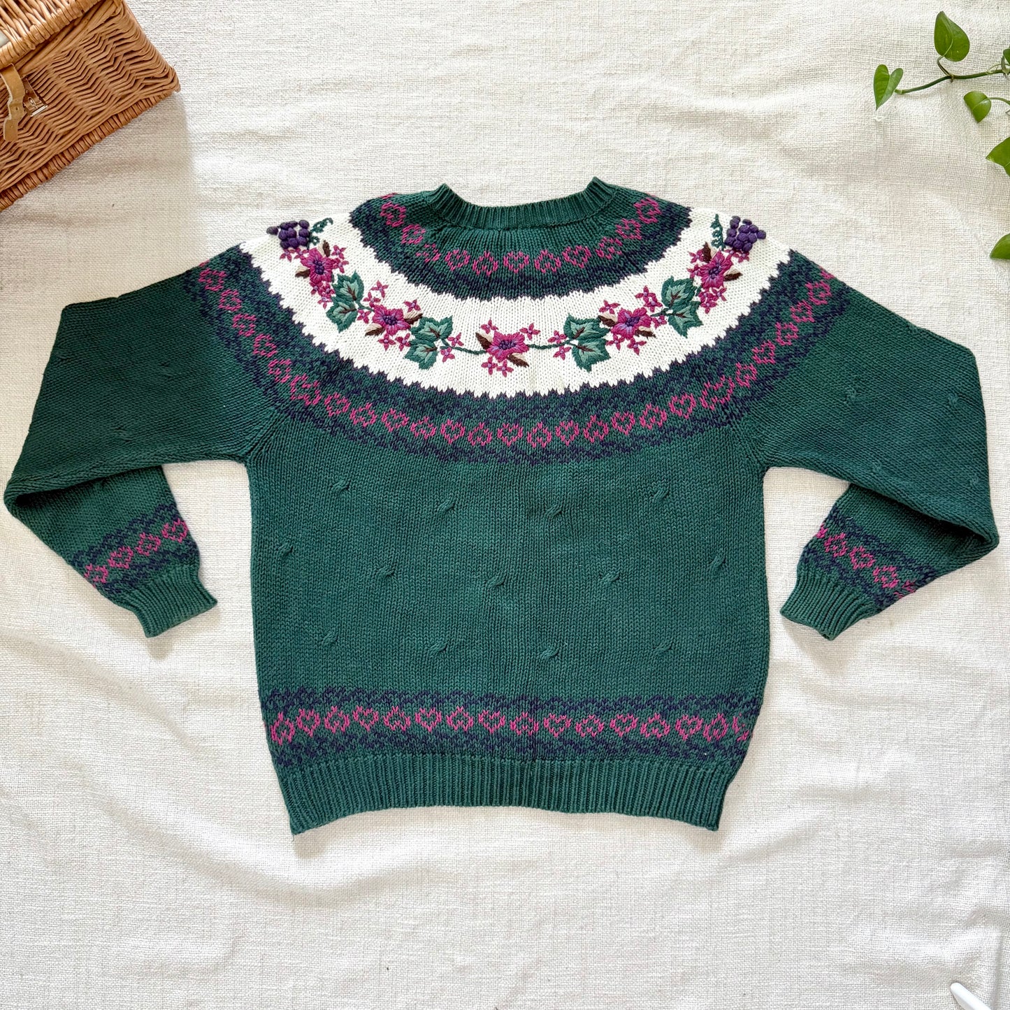 Northern Isles Cotton Cardigan | 90s Hand-Embroidered Floral Grapevine Knit Sweater