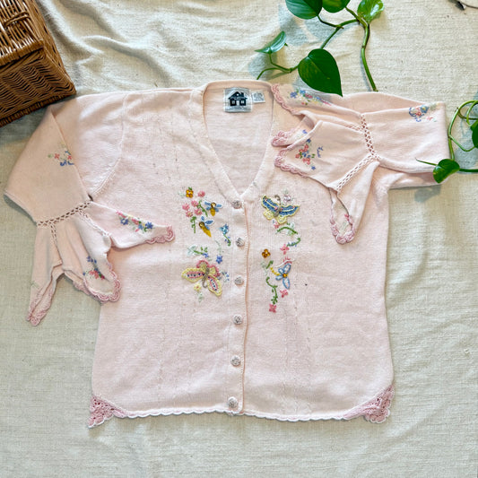 Vintage Storybook Knits Cardigan – Butterfly & Bee Design – Flutter Cuffs | Size M (RARE)