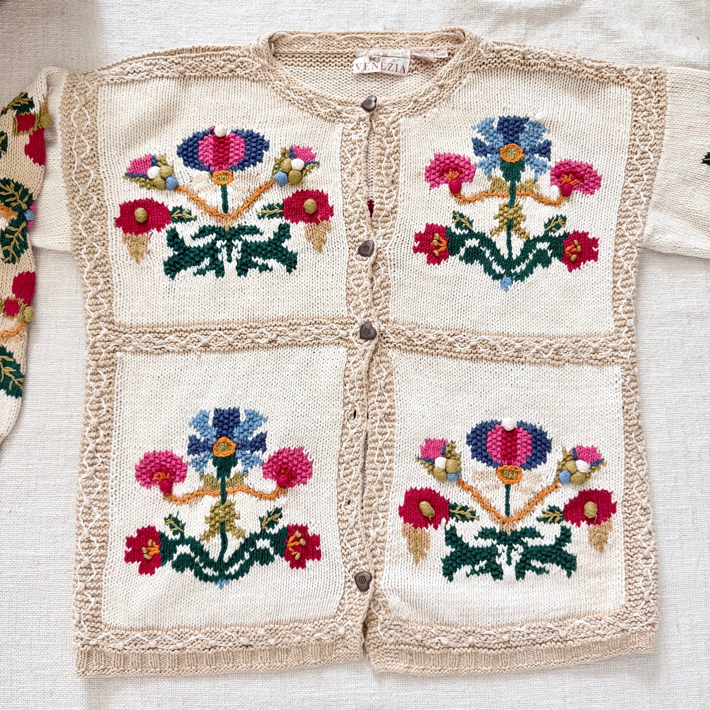 AS IS Venezia Handmade Ramie Cotton Knit Cardigan | Floral Grannycore Cottagecore Sweater