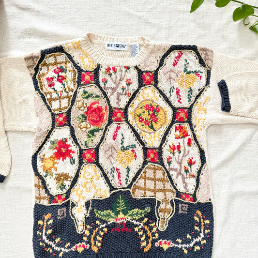 Vintage 90s White Stag Floral Patchwork Knit Sweater M