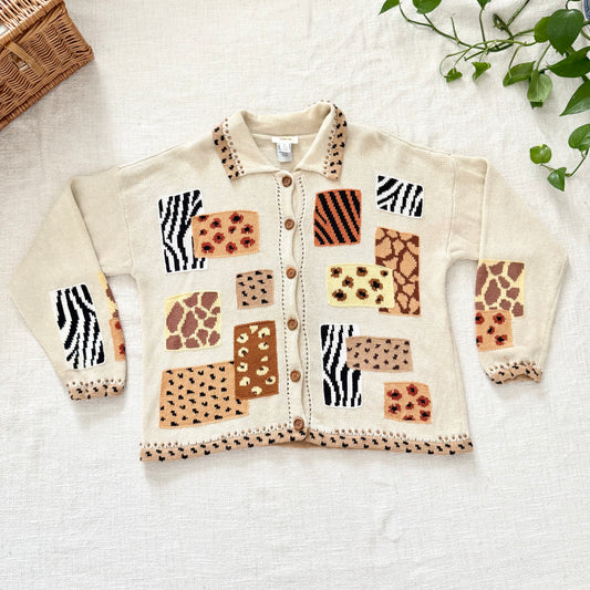 Vintage Talbots Animal Print Sweater | Beaded Collar Knit Pullover XL