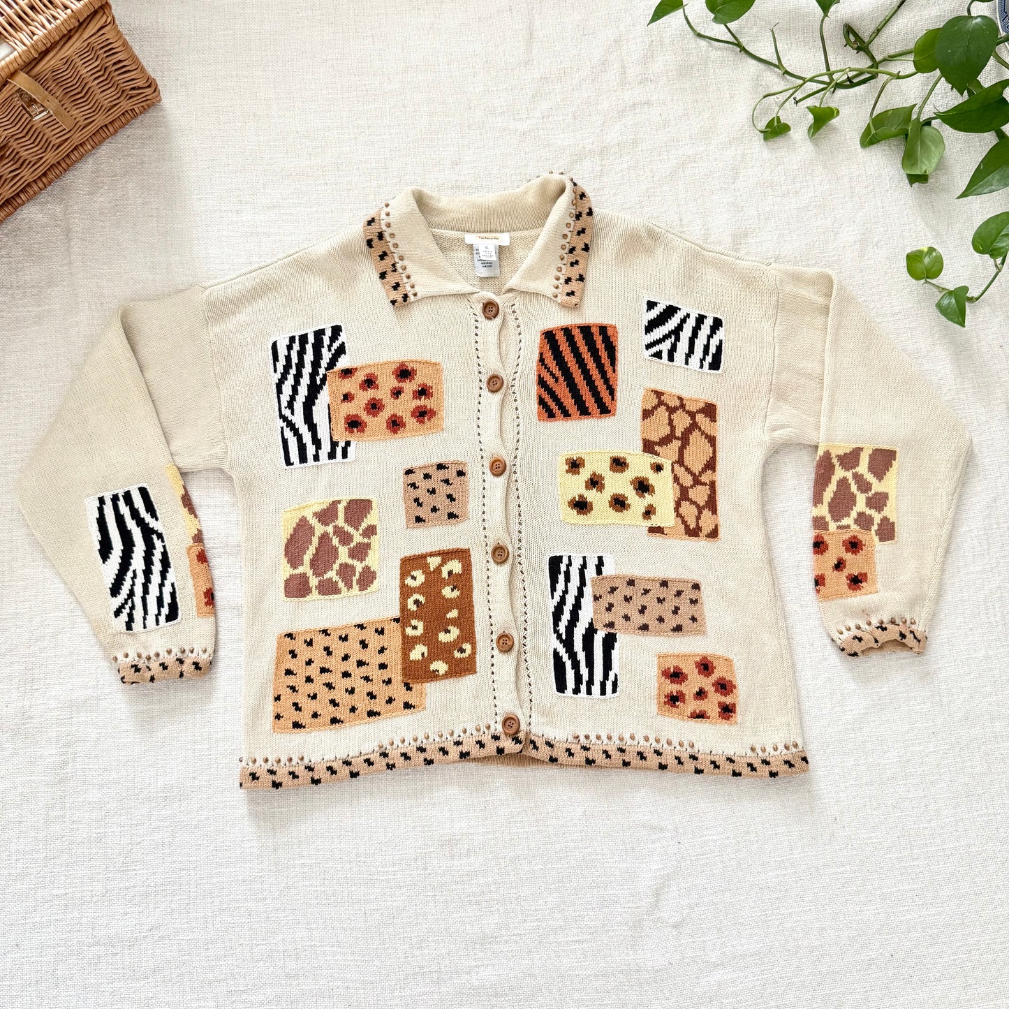 Vintage Talbots Animal Print Sweater | Beaded Collar Knit Pullover XL