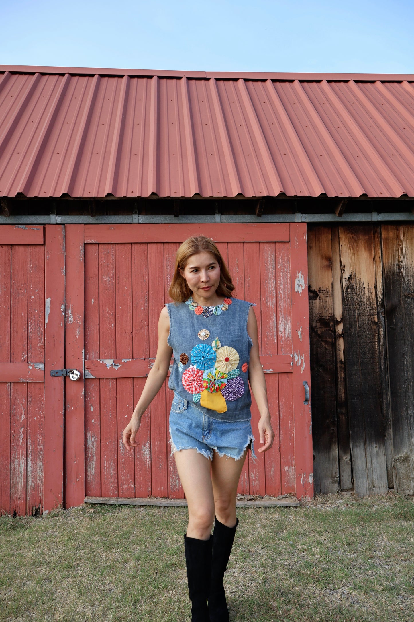 Marigold Yo-Yo Bouquet Denim Top