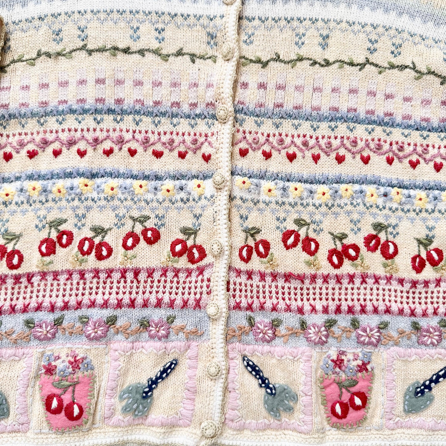 Vintage Hand Knit Wool Cardigan Sweater | Pastel Floral Cherry