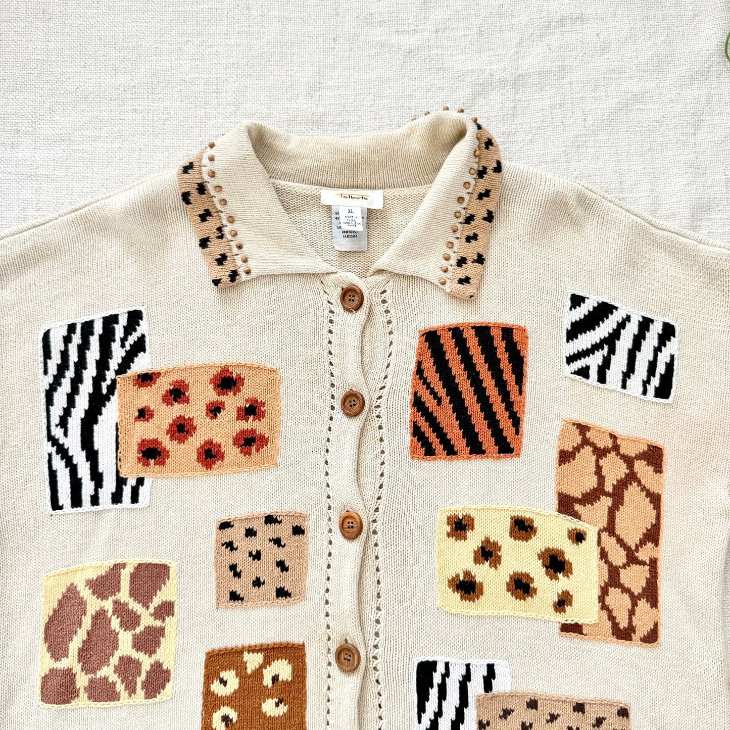 Vintage Talbots Animal Print Sweater | Beaded Collar Knit Pullover XL