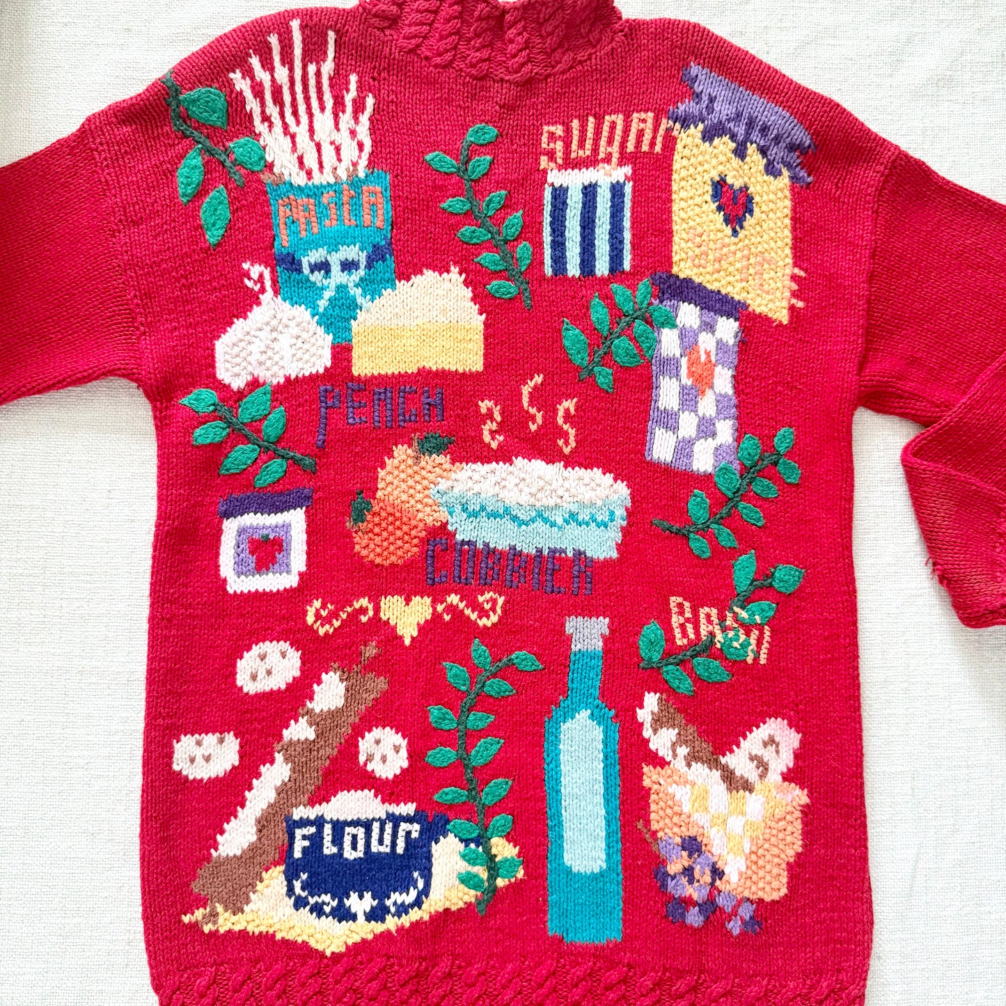 Vintage Kan Scott Hand Knit Sweater Kitchen Baking Motif Pullover