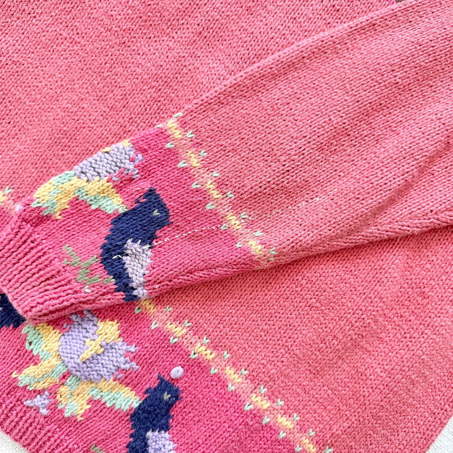 Rare Vintage Hand-Knit Animal Intarsia Sweater M | Pink Embroidered Folk Art Pullover