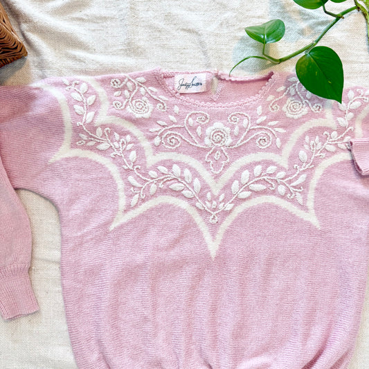 Vintage Jaclyn Smith Pink Embroidered Sweater – Cottagecore Knit – Women’s Size M/L