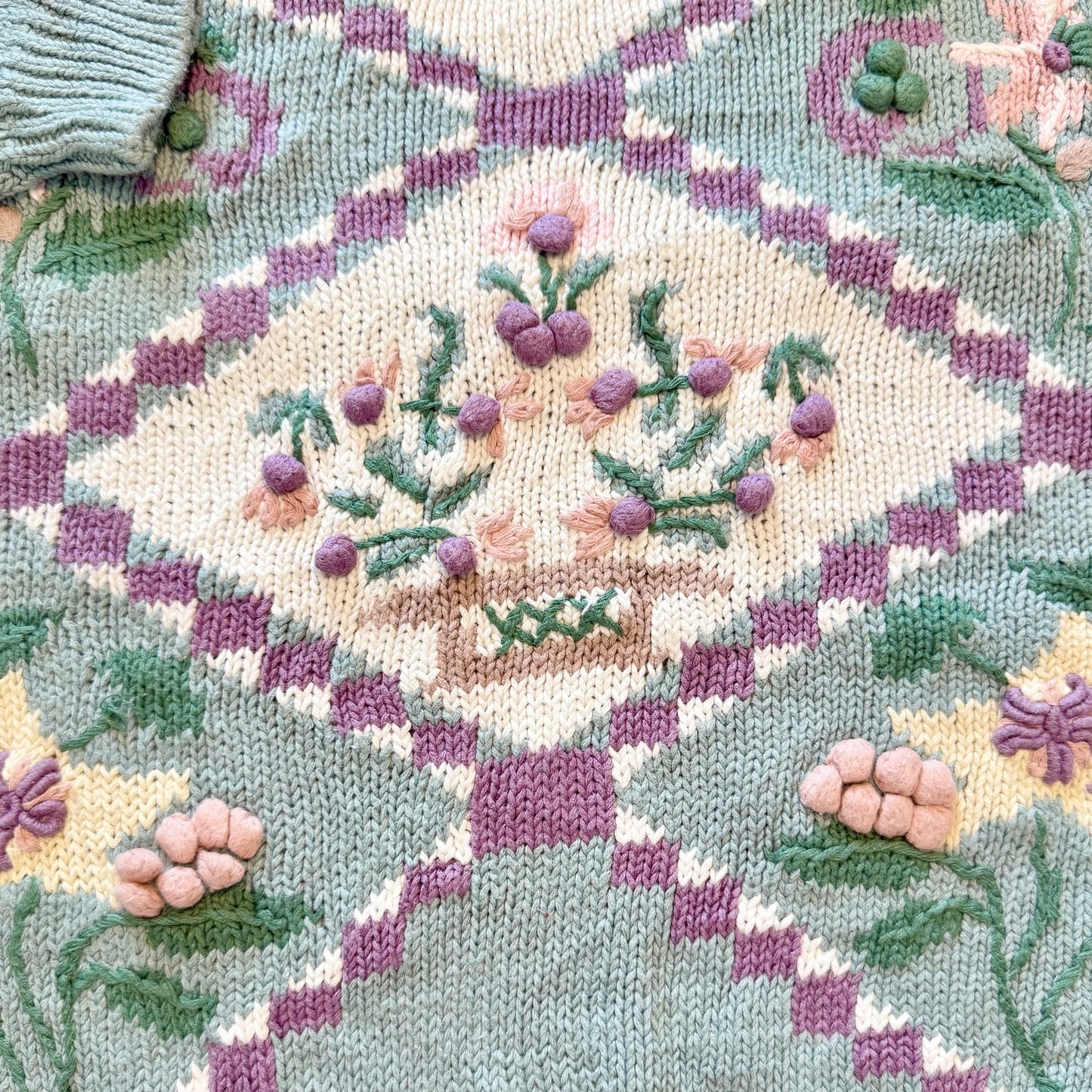 Vintage 90s Knit Sweater: Blue Lilac Floral Embroidered Prep Style