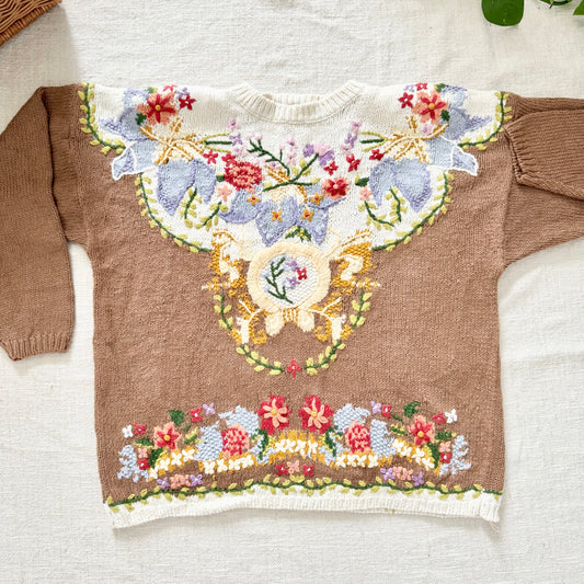 Jennifer Reed Hand Knit Sweater M | Floral Cottagecore Pullover, Boho Knit