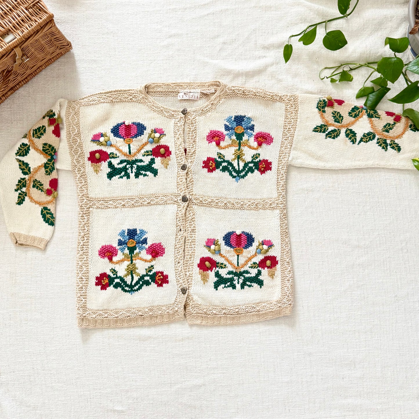AS IS Venezia Handmade Ramie Cotton Knit Cardigan | Floral Grannycore Cottagecore Sweater