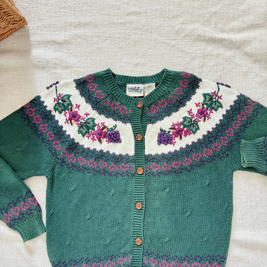 Northern Isles Cotton Cardigan | 90s Hand-Embroidered Floral Grapevine Knit Sweater