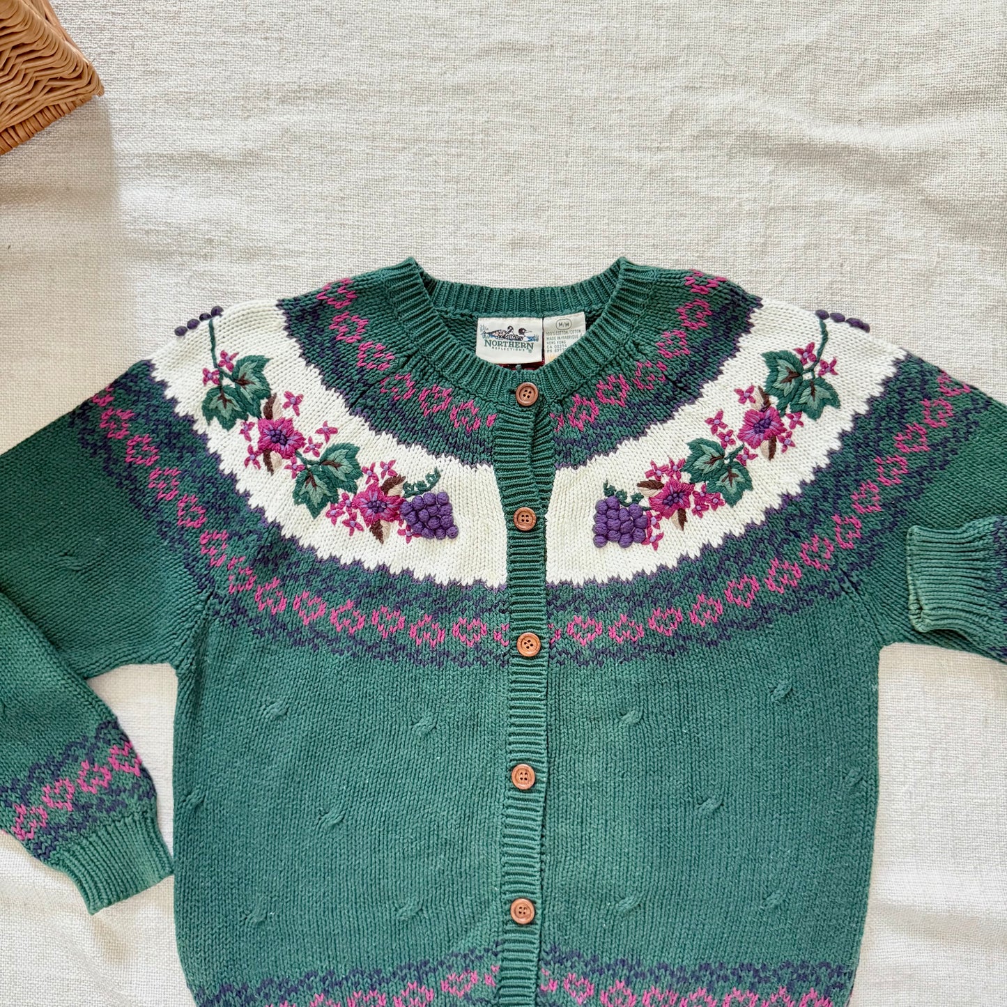 Northern Isles Cotton Cardigan | 90s Hand-Embroidered Floral Grapevine Knit Sweater