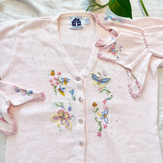 Vintage Storybook Knits Cardigan – Butterfly & Bee Design – Flutter Cuffs | Size M (RARE)