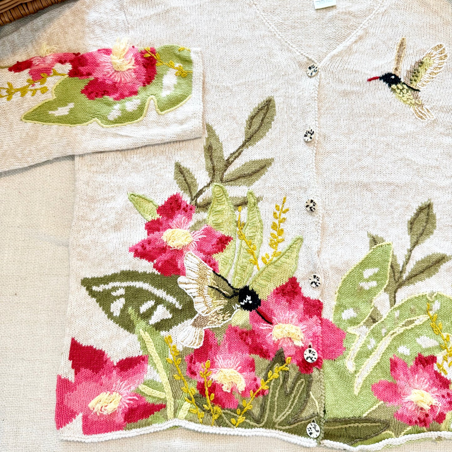 Vintage Susan Bristol Hummingbird Cardigan – Embroidered Detail | Size XL