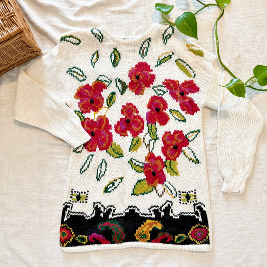 Vintage Floral Knit Sweater – Cream Cottagecore Paisley Pullover | Kitty Hawk Vivian Wang | Size M