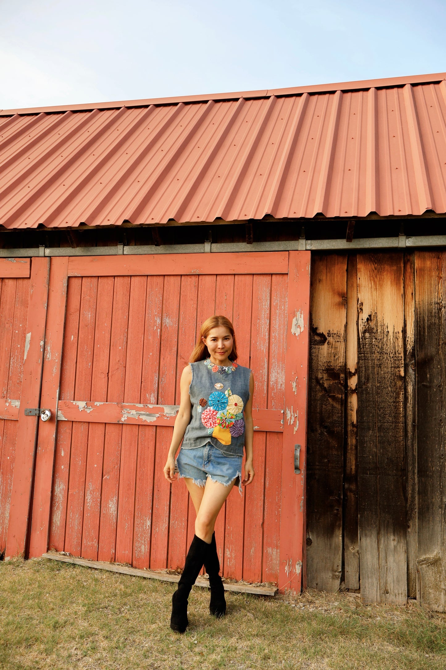 Marigold Yo-Yo Bouquet Denim Top