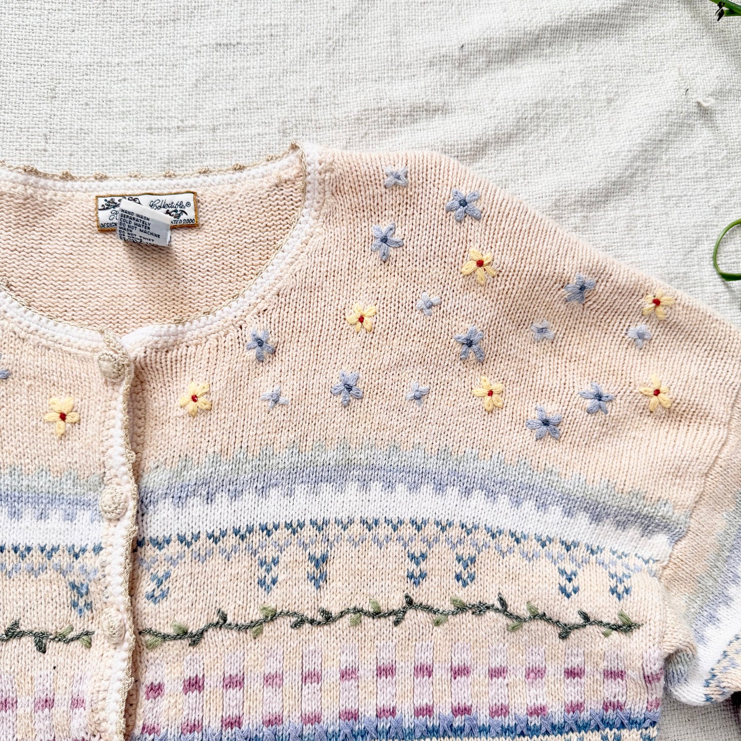 Vintage Hand Knit Wool Cardigan Sweater | Pastel Floral Cherry