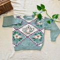 Vintage 90s Knit Sweater: Blue Lilac Floral Embroidered Prep Style