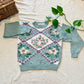 Vintage 90s Knit Sweater: Blue Lilac Floral Embroidered Prep Style