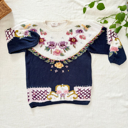 Vintage Black Pink Floral Fair Isle Hand Knit Sweater | Cottagecore Grandpa Chic M/L