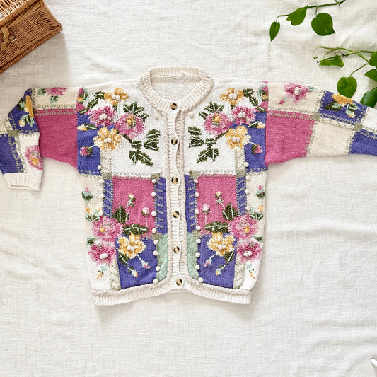 Vintage 90s Hand Knit Cardigan Sweater | 3D Floral Size L