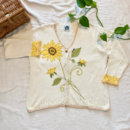 Vintage Storybook Knits Sunflower Cardigan – “Bee My Sunshine” Sweater, Granny Core Style + Bee Pin
