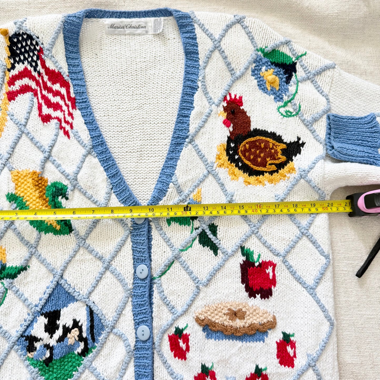 Marisa Christina Americana Cardigan Sweater | Embroidered Cow, Rooster, Flag | Ramie Cotton Knit