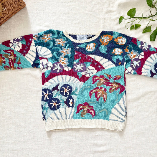 Signature by Northern Isles Hand Knit Sweater L | Floral Botanical Art Pullover
