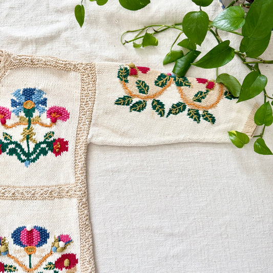 AS IS Venezia Handmade Ramie Cotton Knit Cardigan | Floral Grannycore Cottagecore Sweater