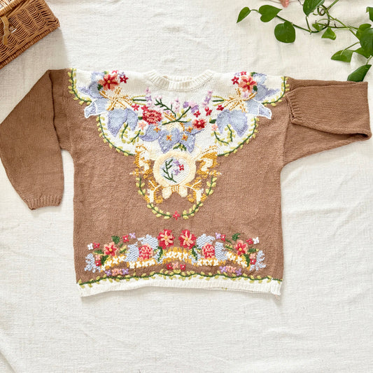 Jennifer Reed Hand Knit Sweater M | Floral Cottagecore Pullover, Boho Knit