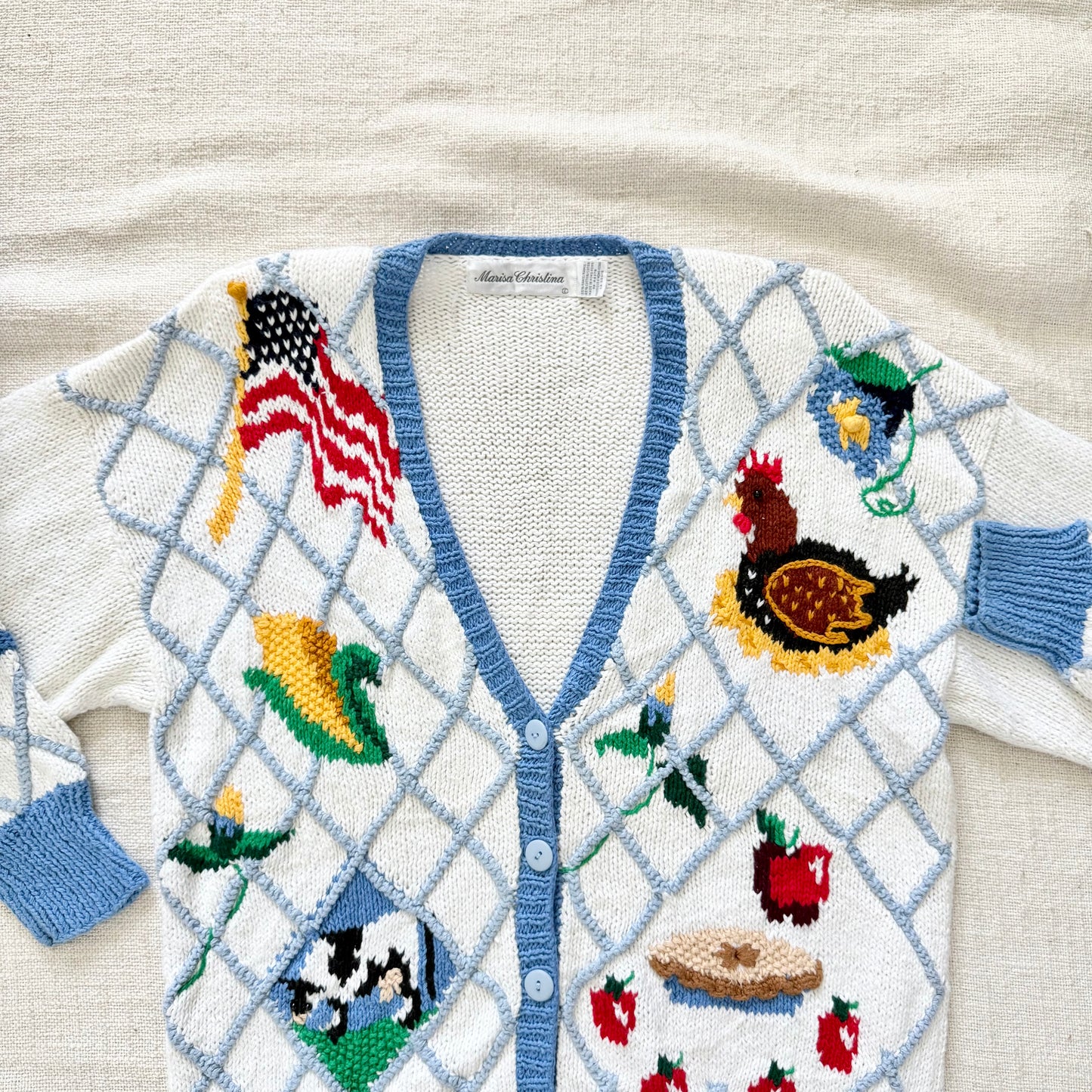 Marisa Christina Americana Cardigan Sweater | Embroidered Cow, Rooster, Flag | Ramie Cotton Knit
