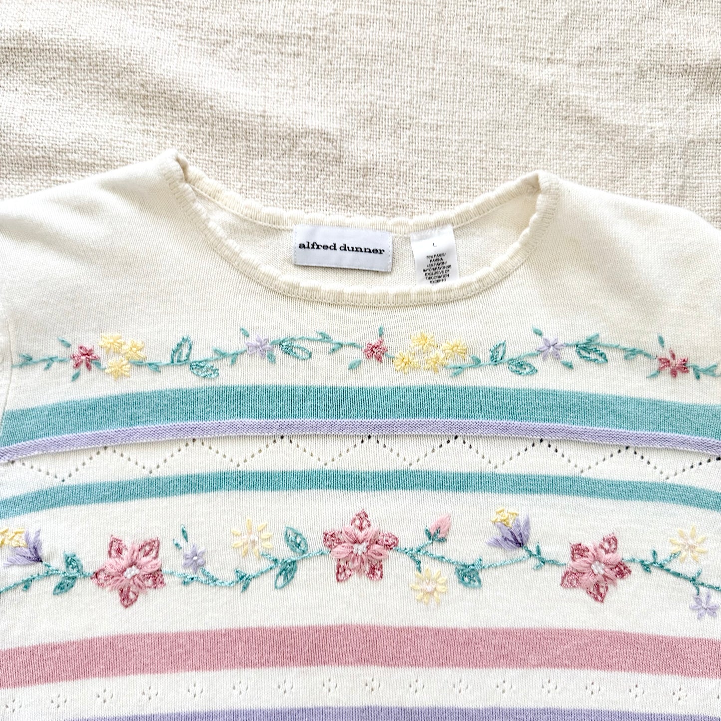 Vintage Alfred Dunner Embroidered Floral Sweater | 90s Pastel Knit Top (Large)