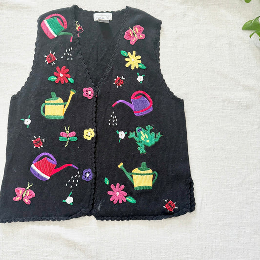 Vintage 80s Mandal Bay Garden Bugs Knit Vest | Cottagecore Nature Frog Butterfly Floral L