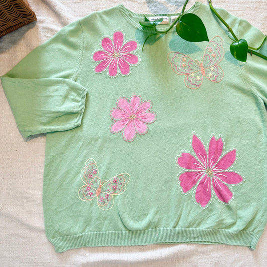 Vintage 80s Alfred Dunner Knit Sweater – Lime Green Floral Butterfly Beaded Pullover | Size 1X