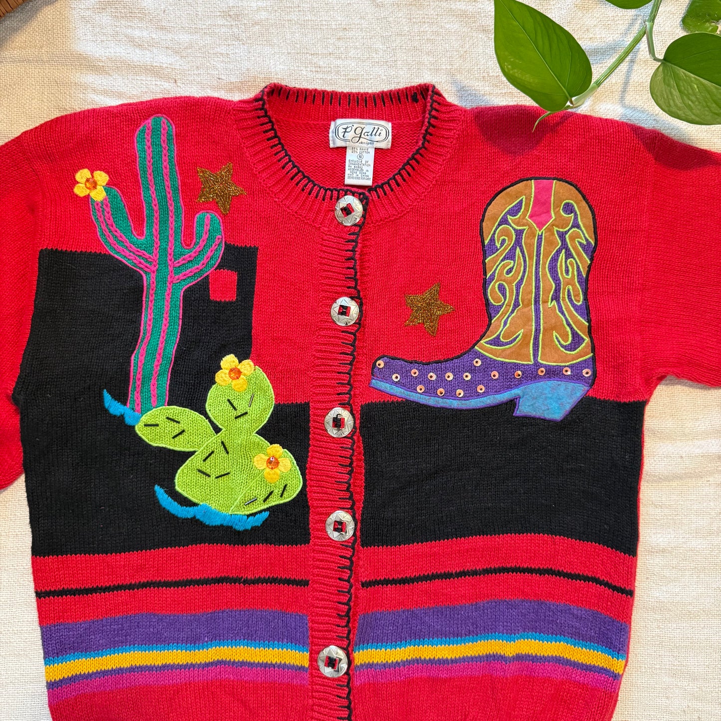 Vintage Southwest Beaded Cardigan | Cowboy Boot Cactus Western Sweater Size S